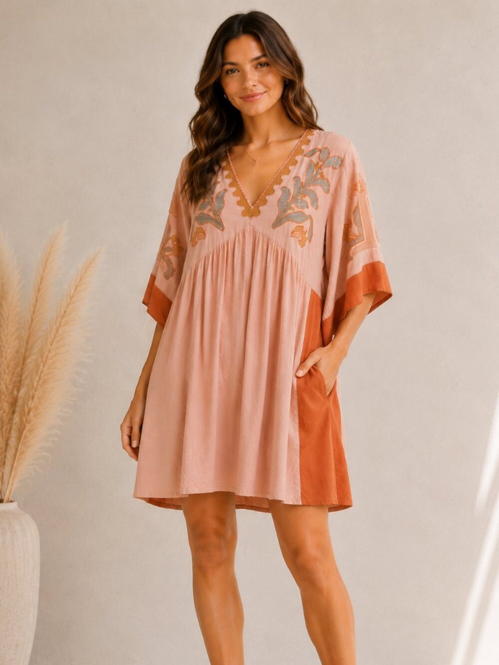Easel Embroidered Boho Babydoll Dress Pink Rust Side Panels One Size